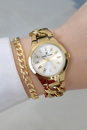 Altın Sarısı Kadın Kol Saati + Bileklik Seti