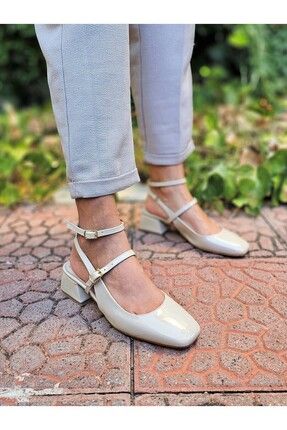 Mary Jane Dar Kalıp Koyu Krem Rugan Vintage Kare Küt Burunlu Kalın Topuklu ayakkabı