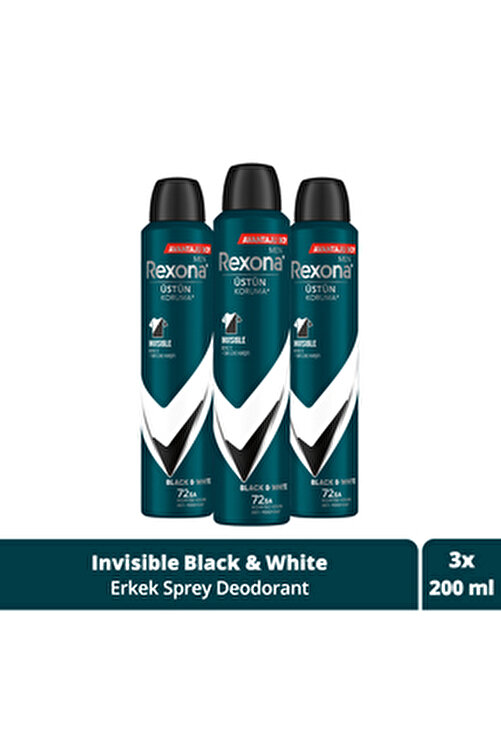 Men Erkek Sprey Deodorant Invisible Black & White 72 Saat Kesintisiz Üstün Koruma 200 ml X3