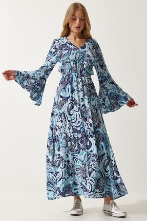Kadın Gök Mavi Desenli Yazlık Viskon Elbise DD01303