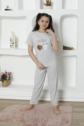 Kısa Kollu Brunch Gri Kız Çocuk Pijama Takımı