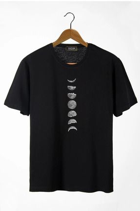 Unisex Önü Ay'ın Evreleri Baskılı Bisiklet Yaka Oversize Kalıp Basic Pamuklu T-Shirt