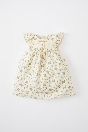 Kız Bebek Çiçekli Kısa Kollu Twill Elbise B9623A524SM