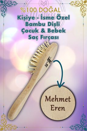 İsme Özel Doğal Bambu Dişli Bebek & Çocuk Saç Fırçası - Bambu Tarak (SAKLAMA KESESİ HEDİYELİ)