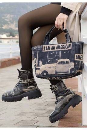 Kadın Vegan Siyah Medium Tote Bag - I am an American Tasarım