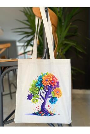 renkli ağaç desenli bez çanta