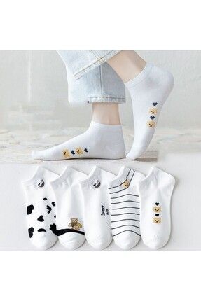 5 Çift Panda / Inek Desenli Beyaz Desenli Kadın Patik Çorap