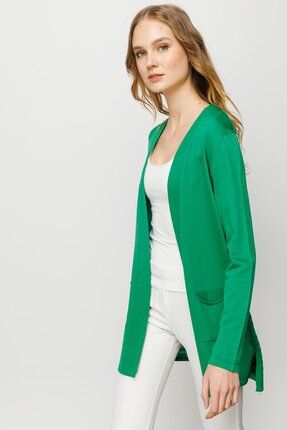 Kadın Cepli Arkası Desenli Uzun Yazlık Ceket Yeşil