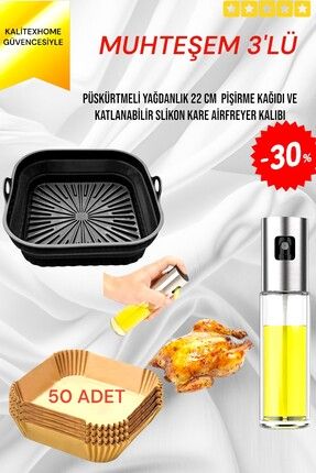3lü SET XXL-XL-L Kare Airfryer Pişirme Kabı Silikon< Air Fryer Yagli Kagit50 adet< 1sprey yağlık