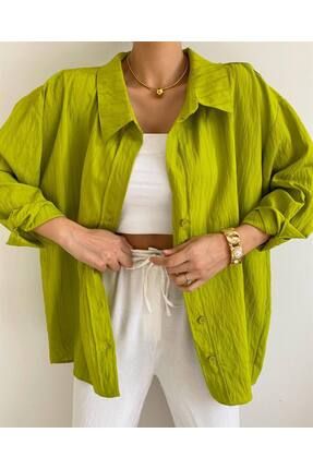 Oversize Salaş Fıstık Yeşili Kadın Gömlek