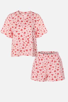 Kadın Kırmızı Kalpli Kısa Kollu Pamuklu Şortlu Pijama Takımı
