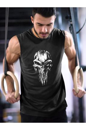 Sporcu Punisher Skull Baskılı Fitness Gym Atleti - 0 Kol Spor Atlet