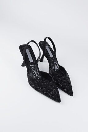 Kadın Siyah Taş Detaylı Kumaş Abiye Stiletto Topuklu Ayakkabı