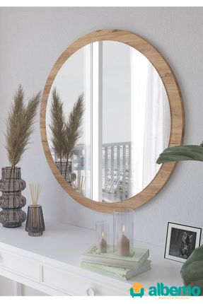 Ceviz Ahşap Dekoratif Yuvarlak Antre Hol Koridor Duvar Salon Mutfak Banyo Wc Ofis Aynası 42 cm