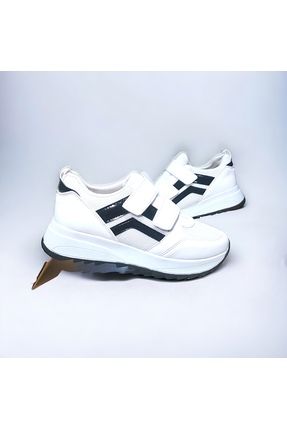 Unisex Beyaz-Siyah Çizgili Çift Bantlı Spor Ayakkabı