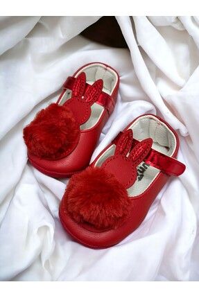 Kız Bebek Tavşan Figürlü Ponponlu Ayakkabı-Babet