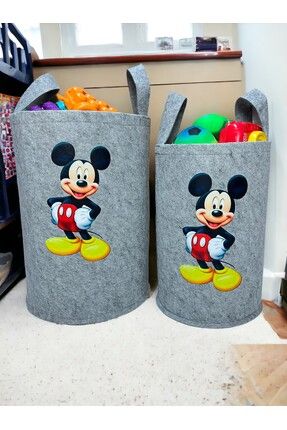 Gri Mickey Mouse Baskılı Büyük Ve Orta Boy Oyuncak Çamaşır Sepeti