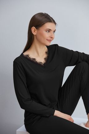 Viskon Örme Dantelli V Yaka Uzun Kol Kadın Pijama Takımı Siyah