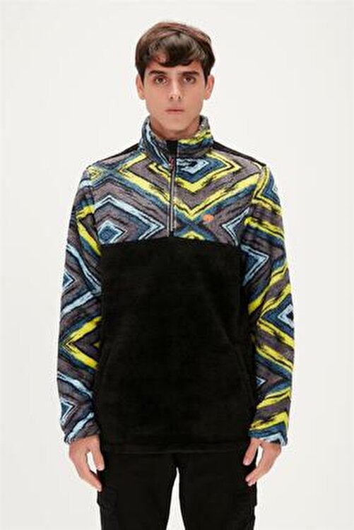 Afro Plush Half-Zip Siyah Erkek Peluş Sweatshirt