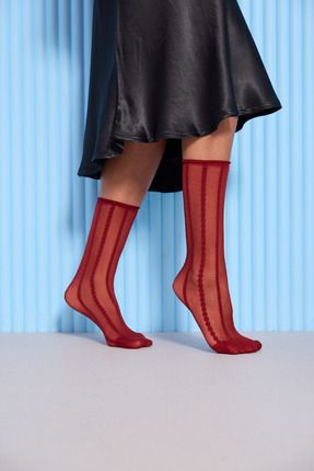 Kadın Örgü Desenli İnce Soket Çorap Bordo