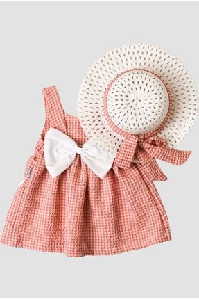 Şapkalı Pötikare Desenli Fiyonklu Esnek Kız Bebek Elbisesi