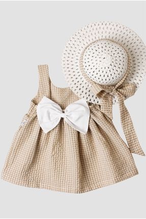 Şapkalı Pötikare Desenli Fiyonklu Esnek Kız Bebek Elbisesi