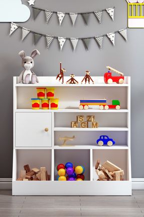 Yuka Montessori Raflı Çocuk Odası Çok Amaçlı Oyuncak Dolabı Beyaz