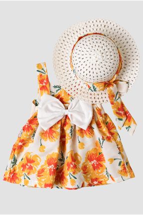 Şapkalı Çiçek Desenli Fiyonklu Kız Bebek Elbisesi