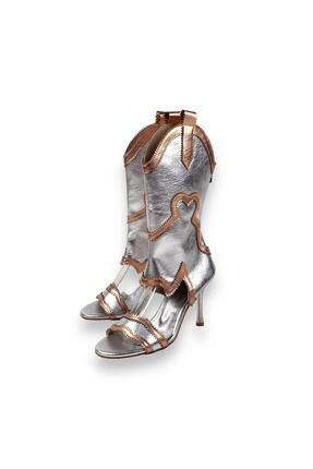 Kadın Okla Gümüş İnce Topuk Yazlık Kovboy Çizme Ayakkabı 10 cm 2001