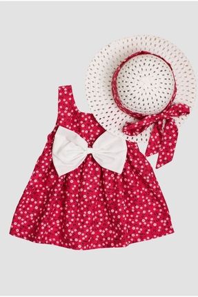 Şapkalı Çiçek Desenli Fiyonklu Kız Bebek Elbisesi