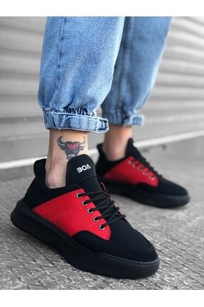 Lisinya946 Bağcıklı Erkek Yüksek Taban Siyah Kırmızı Spor Ayakkabı