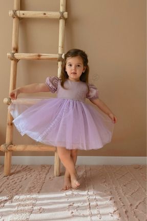 Mor Kısa Balon Kumaş Kol Altı Tütülü Kız Bebek Elbise - Cinderella