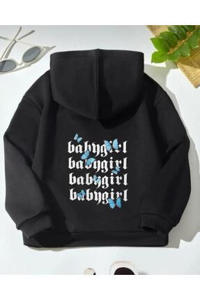 Kız Çocuk Siyah Kapüşonlu ''Baby Girl'' Sırt Baskılı Sweatshirt