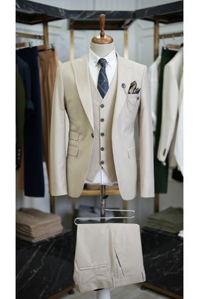 Erkek Takım Elbise İtalyan Kesim Slim Fit Ceket Yelek Pantolon-Bej