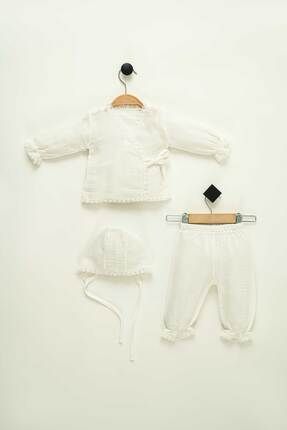Müslin Kumaş Hastane Çıkış Setleri Fisto Detaylı 3'lü Set Yenidoğan Bebek Kıyafetleri %100 Pamuk
