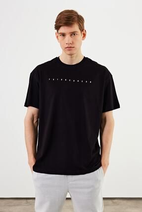 Leo Erkek Oversize Tshirt %100 Pamuk Bisiklet Yaka Baskı Detaylı Basic Siyah Tişört