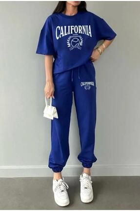 saks mavisi california baskılı kadın eşofman takımı t-shirt-jogger