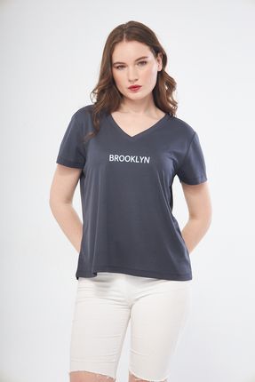 Spor T-shirt Antrasit Renk V Yaka Brooklyn Baskılı