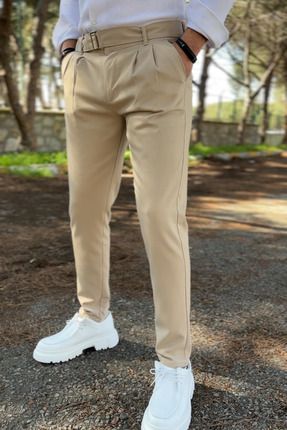 İtalyan Kesim Kemerli Slim Fit Krem Rengi Likralı Kumaş Pantolon