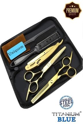 6 Parça Gold Deri Çantalı Berber Kuaför Saç Makası Çelik Ustura Tarak Jiletli Tarak Seti XLQ584