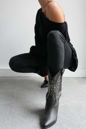 Kadın Siyah Taşlı Kısa Topuk Kovboy Çizme