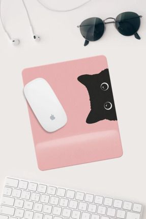 Pembe Kedi Çizimli Bilek Destekli Dikdörtgen Mouse Pad Mouse Altlığı.