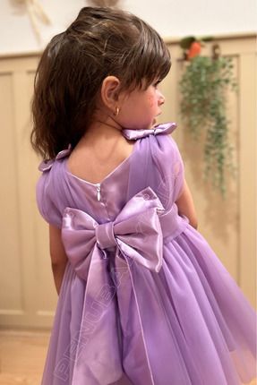 Lila Omuzdan Fiyonklu Tül Kız Bebek Elbise - Bow
