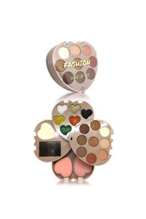 18 Renkli Kalp Desenli Aynalı 4 Katlı Yelpaze Far , Allık Paleti Makyaj Seti (Uygulama Fırçası ile)