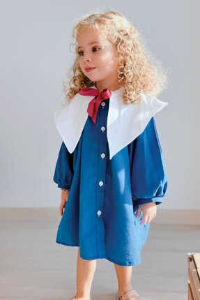 Nostaljik Yaka Önden Düğmeli Saks Mavi Kız Çocuk Elbise