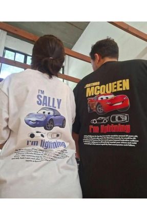 Unisex Siyah Beyaz I'm Sally Ve Şimşek McQueen Cars Baskılı 2'li Kısa Kol %100 Pamuk T-shirt