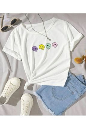 Çocuk Trend Model Beyaz T Shirt Emoji Baskılı Pamuklu