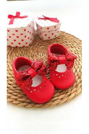Prenses Model Kırmızı Kız Bebek Deri Makosen Patik Bebek Ayakkabısı