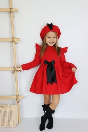 Kız Çocuk Kırmızı Sofia Pamuklu Fiyonk Detaylı Elbise Kep Abiye Takım