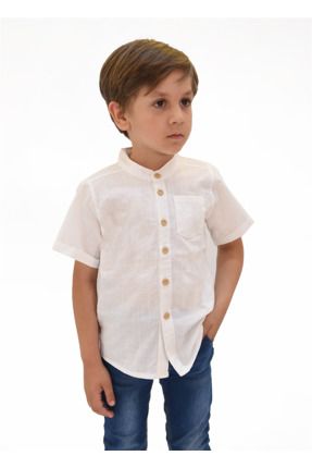 Erkek Çocuk Keten Beyaz Kısa Kol Gömlek